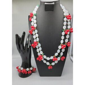 Lucite Cherry 34" Necklace & 7" Stretch Bracelet Red Cherries Translucent Beads